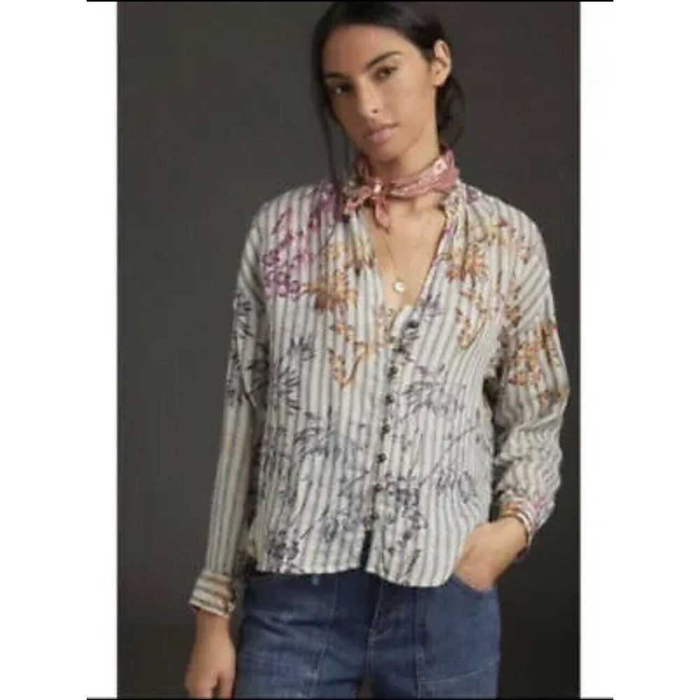 Pilcro The Tavi Floral Striped Button Down Ruffled Blouse Top Shirt Size Small
